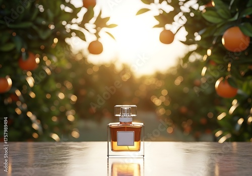 Elegant perfume bottle with blank label amidst a citrus grove at golden hour, highlighting natural beauty