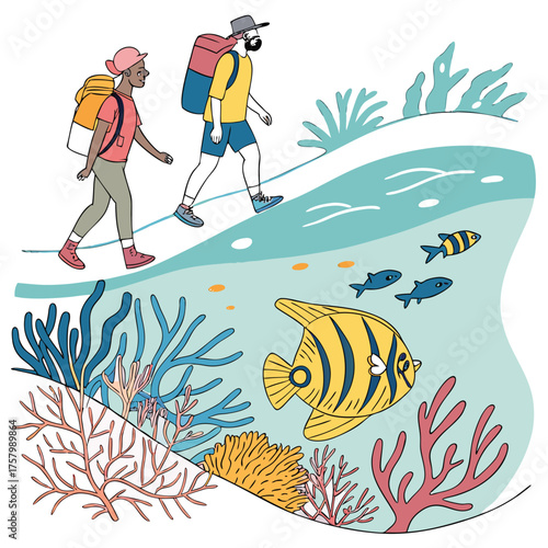 Hikers and Underwater Paradise: Two hikers embark on a journey, overlooking a vibrant underwater scene. The illustration blends the excitement of exploration with the allure of marine life.