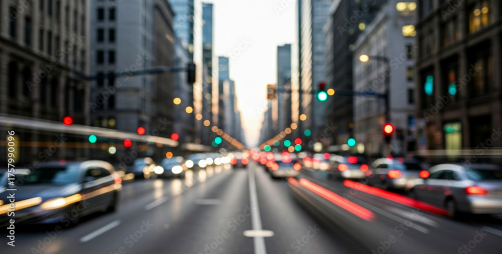 Naklejka premium Blurred city street traffic with dynamic motion blur and long light streaks glowing across busy roads, reflecting the speed, rhythm, and vibrant pulse of nighttime urban life.