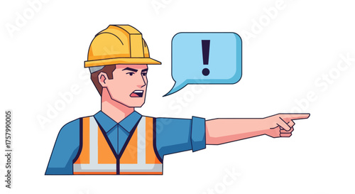 Construction worker in hard hat and safety vest pointing with exclamation bubble.