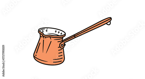 Hand-drawn Turkish coffee pot illustration with long handle.