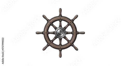 Detailed Wooden Ship Wheel with Metal Center and Spokes.
