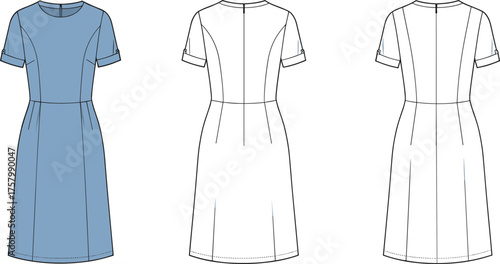 Fashion flat sketch of short sleeve midi dress with panel seams, waist darts and cuffed sleeves, vector clothing illustration