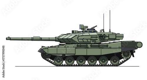 Modern Main Battle Tank Illustration with Camouflage and Detailed Features.
