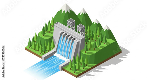 Vector of a hydroelectric dam and waterfall in a mountain environment, illustrating clean renewable energy generation and nature harmony.