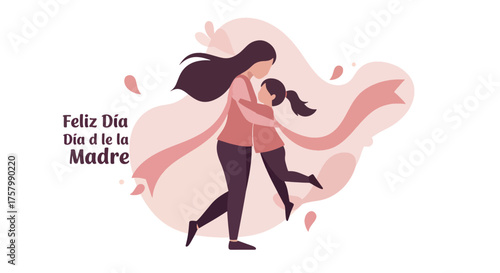 Mother and Daughter Hugging Celebrating Mother's Day in Soft Pink Artistic Illustration