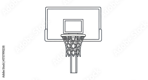 Outlined Basketball Hoop with Net and Backboard Front View.
