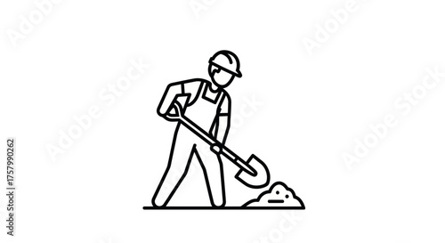 Construction Worker Shoveling Material Line Art Icon.