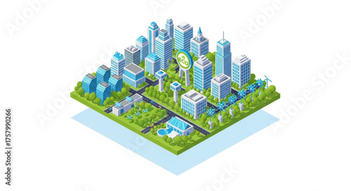 Isometric illustration of a futuristic eco city powered by clean and renewable energy sources, representing sustainability and innovation.