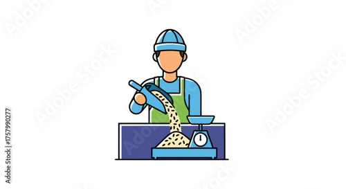 Illustration of a Grocer Weighing and Dispensing Grain.