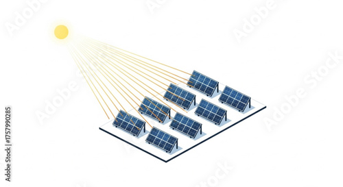 Vector showing sunlight hitting solar panels, emphasizing clean technology, renewable energy production, and green innovation.