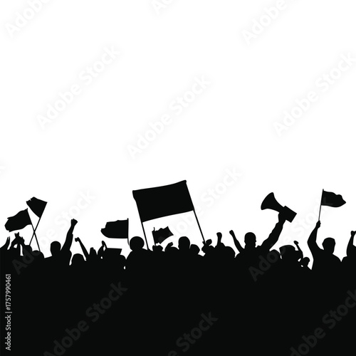 black and white silhouette illustration of a crowd of demonstrators in vector style