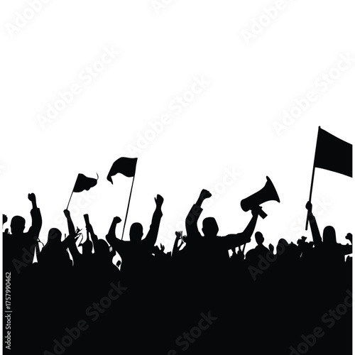 black and white silhouette illustration of a crowd of demonstrators in vector style