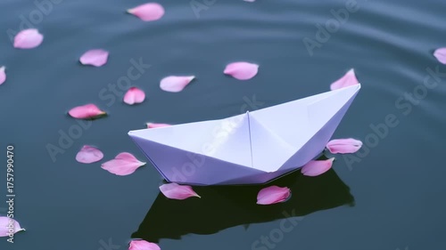 Paper Boat Floats Gently on Water with Scattered Cherry Blossom Petals