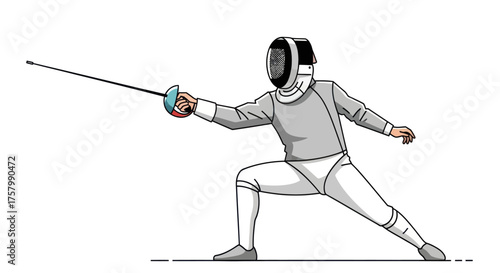 Dynamic Fencer in Protective Gear with Foil Sword Ready for Action.