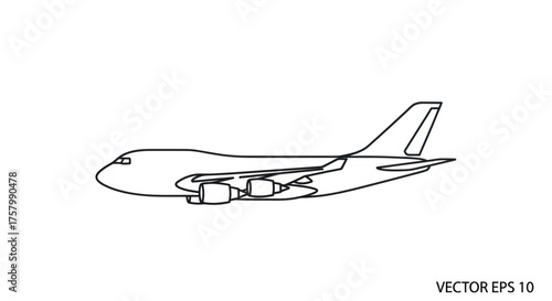 Simple Line Drawing of a Modern Cargo Airplane in Profile View.