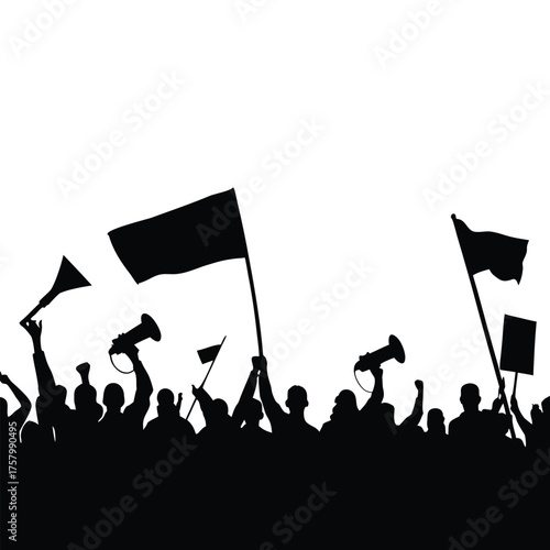 black and white silhouette illustration of a crowd of demonstrators in vector style