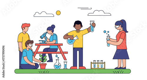 Students conducting science experiments outdoors using microscopes and beakers learning together.