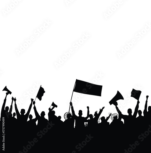 black and white silhouette illustration of a crowd of demonstrators in vector style