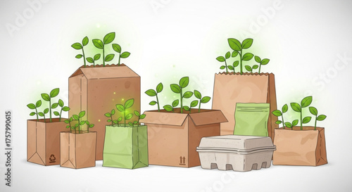 Eco-friendly packaging and young plants sprouting from boxes, illustrating green product design, sustainability, and biodegradable materials.