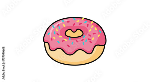 Cartoon Style Donut with Pink Icing and Colorful Sprinkles.