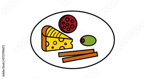 Cartoon illustration of a cheese and charcuterie platter with salami an olive and breadsticks.