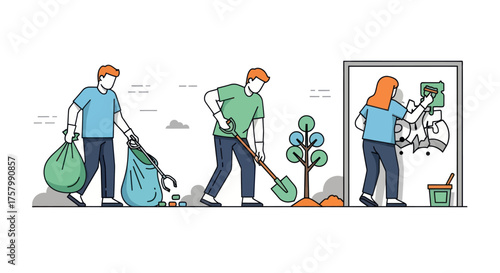 Community Volunteers Engaged in Environmental Cleanup Tree Planting and Wall Painting Activities.