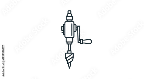 Classic Manual Hand Drill Tool with Crank Handle Line Art.