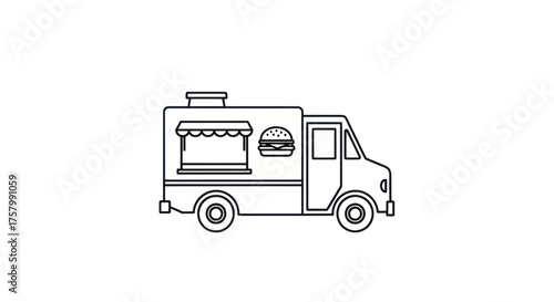 Simple Outline Illustration of a Food Truck Serving Burgers.