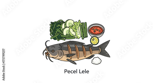 Pecel Lele: Grilled Catfish with Vegetables and Spicy Sauce Dish.