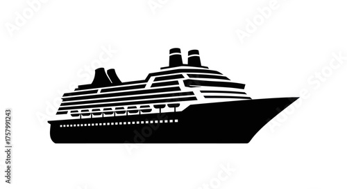 Silhouette of a Large Cruise Ship on White Background.