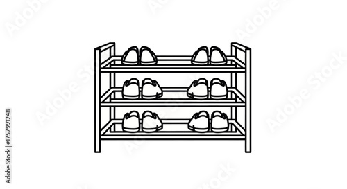 Simple Black and White Shoe Rack with Footwear Displayed.