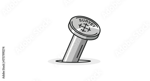 Silver Pushpin with SURVEY Text and Compass Symbol Partially Inserted.