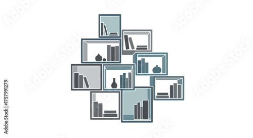 Abstract Illustration of Bookshelves with Books and Decorative Items.