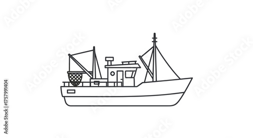 Outlined Fishing Boat with Detailed Rigging and Structure.