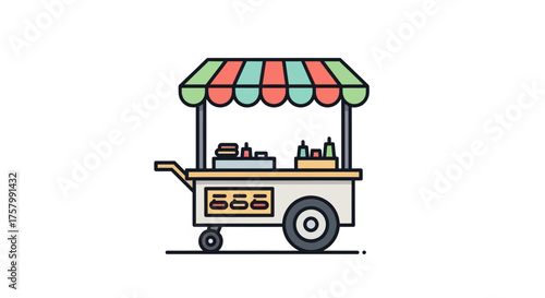 Colorful Street Food Cart with Striped Awning and Visible Food Items.