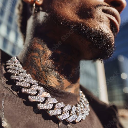 Close-up of diamond Cuban link chain on tattooed man’s neck in sunlight