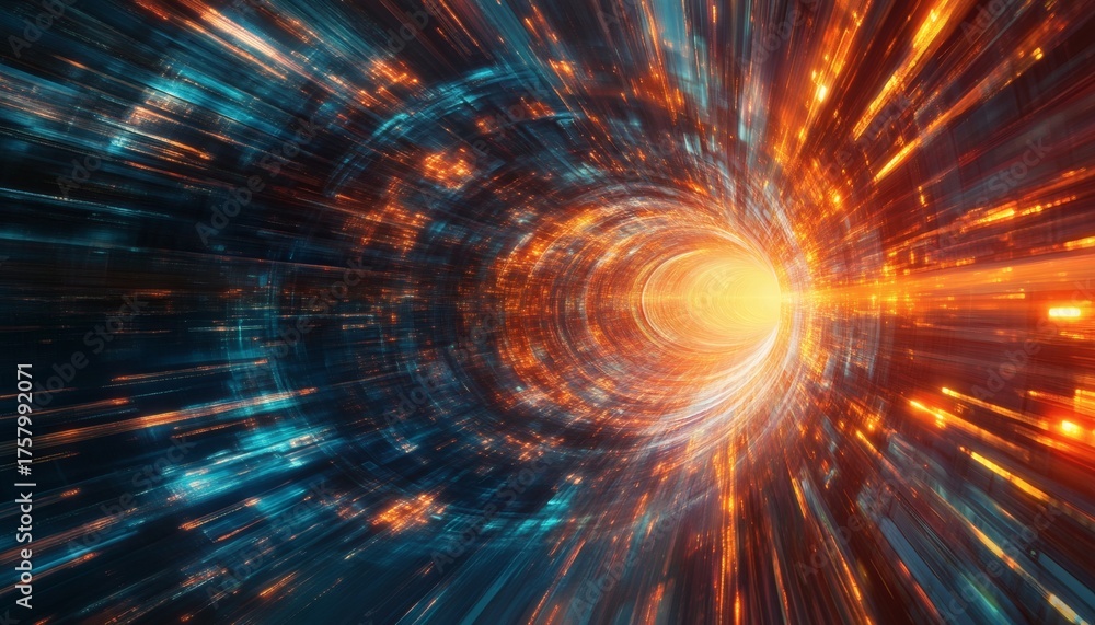 Obraz premium Abstract digital tunnel with vibrant orange and teal lights streaking towards a bright center