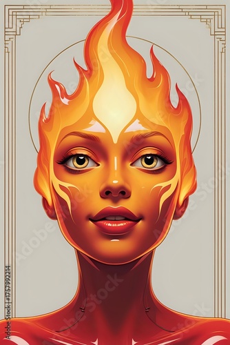 Luminous Inferno: Vibrant Art Deco Portrait of a Goddess of Flame