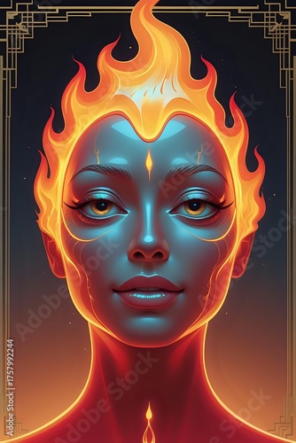 Luminous Inferno: Vibrant Art Deco Portrait of a Goddess of Flame