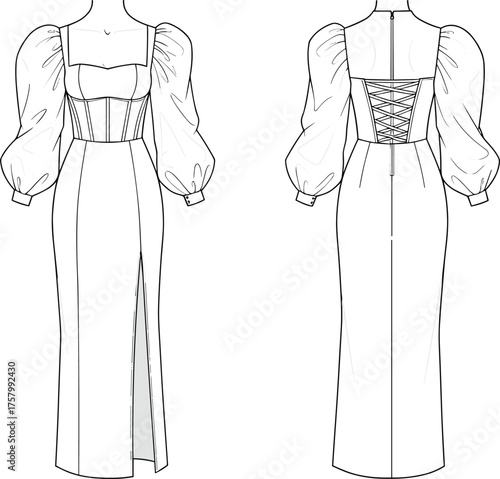 Elegant long sleeve corset dress technical fashion flat sketch, front and back view, modern gown design, dressmaking vector illustration