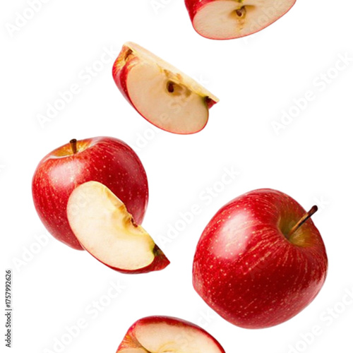 Fresh red apples in motion several whole and sliced apples falling