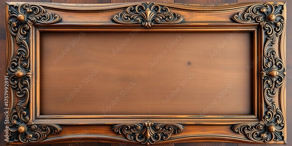 Obraz premium Antique ornate wooden picture frame, heavily distressed, showing age and wear, art, blank