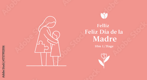 Mother and Child Illustration for Mother's Day with Pink Background and Floral Elements