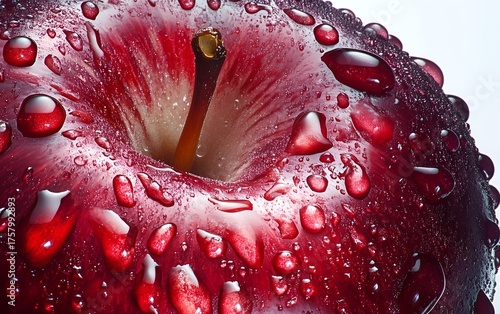 Close-up of a Fresh Red Apple with Water Droplets on White Background
