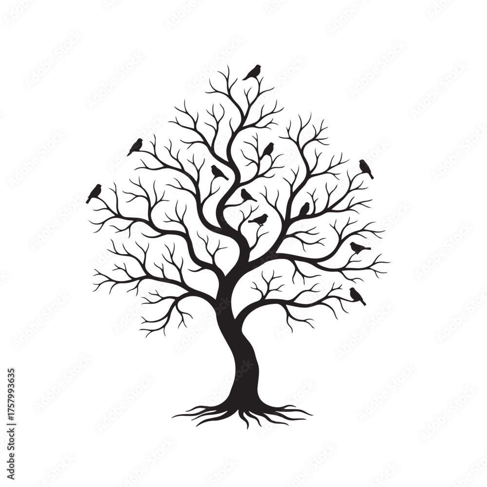 Fototapeta premium “Silhouette of a tree with birds perched, black shapes on white, delicate composition” 