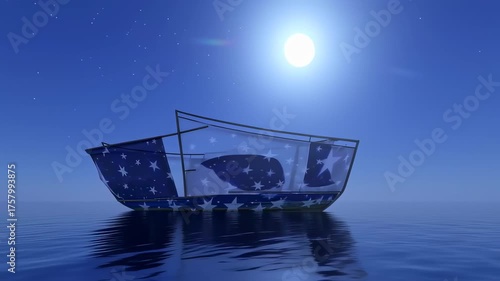 Abstract boat sailing under the moonlight with starry sky and water motion