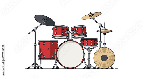 Red Drum Set with Cymbals and Stands Musical Instrument Illustration.