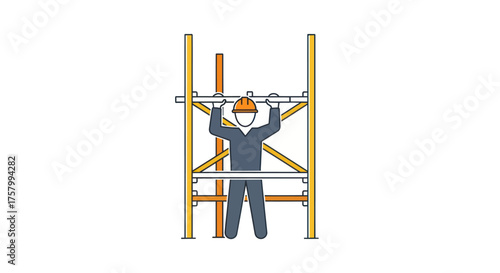 Construction Worker Assembling Scaffolding Structure with Safety Helmet.