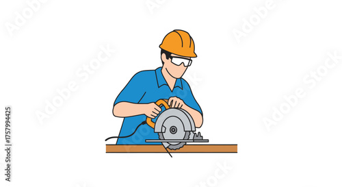 Construction worker operating a circular saw on wood.